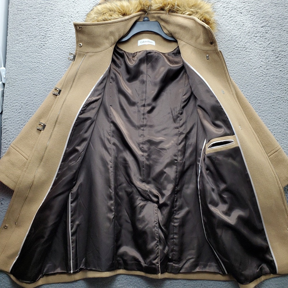 Calvin Klein Parka Jacket Womens XL Brown Wool Blend Faux Fur Hooded Winter EUC
